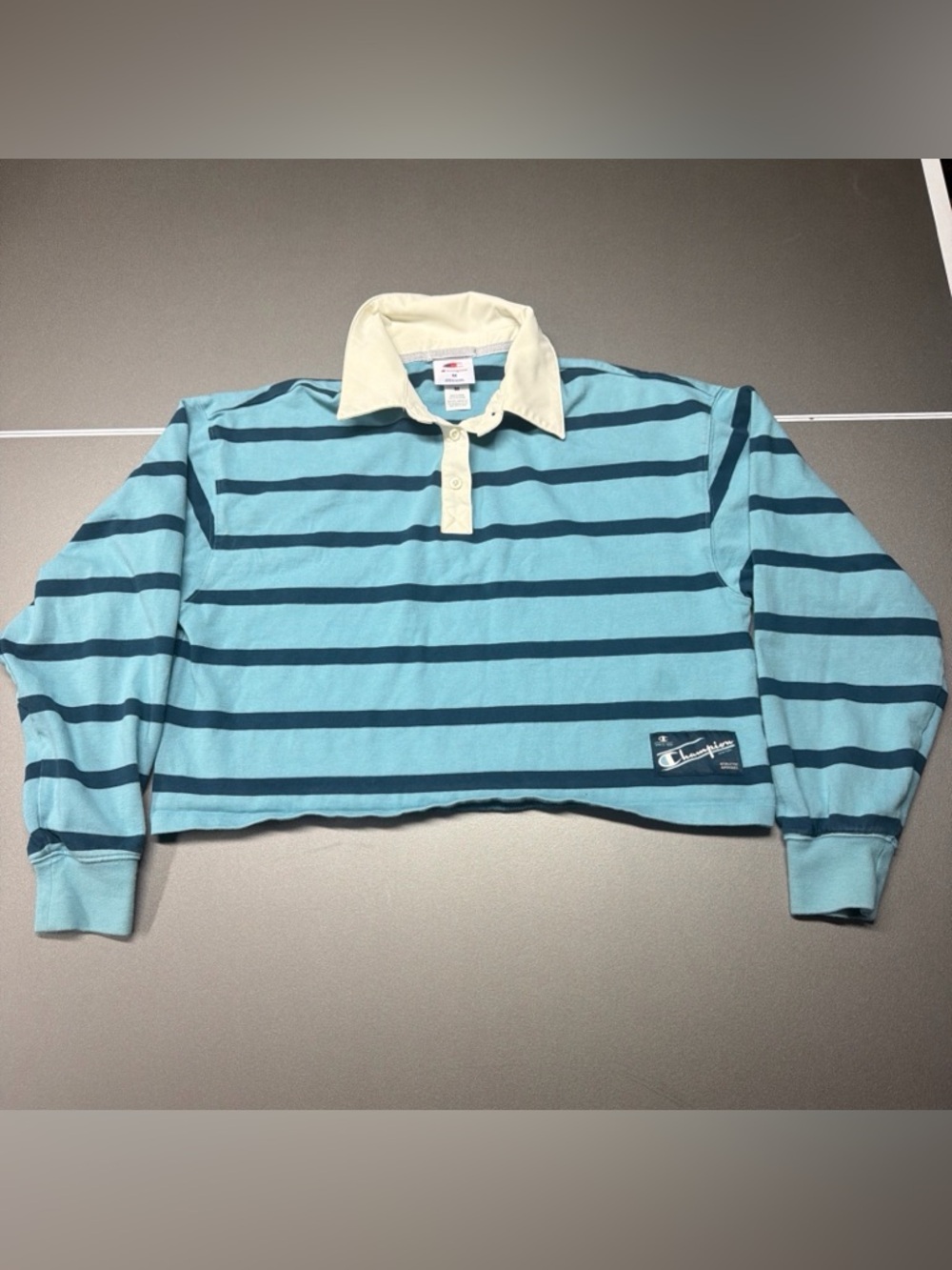 Champion Women's Size M Teal Striped Long Sleeve Cropped‎ Rugby Shirt Cotton